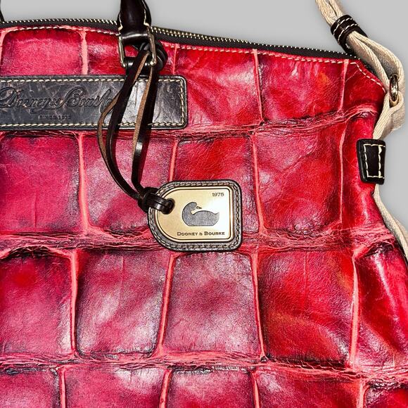 Vintage Dooney & Bourke Red Croc-Embossed Leather Satchel with Canvas Strap - Picture 4 of 6